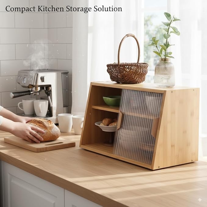 Wooden Kitchen Sideboard, Small Bamboo Countertop Organizer, Tabletop Cabinet with 2 Glass Sliding Door, Counter Cabinet for Kitchen, Living Room, Dinning Area and Bathroom, Wood
