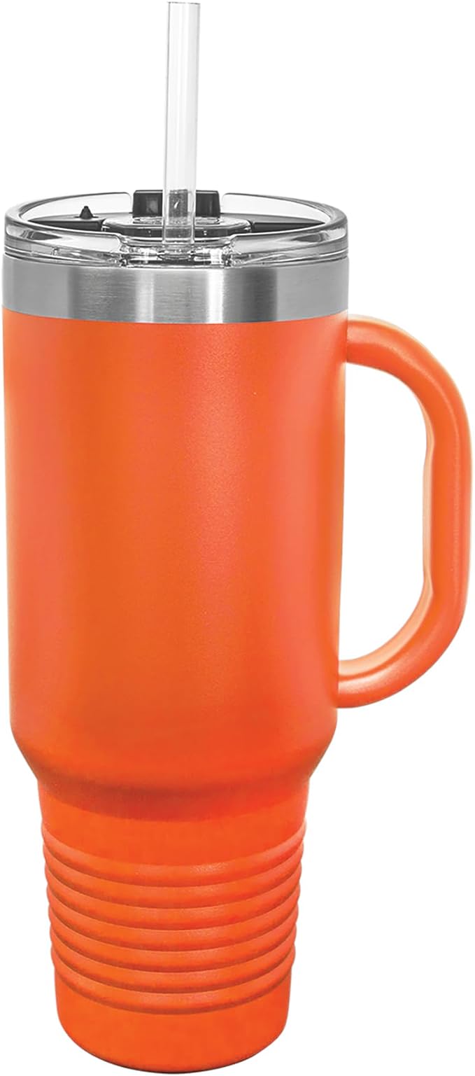 LaserGram 40oz Vacuum Insulated Travel Mug with Handle, Tiki Statue, Personalized Engraving Included (Orange)