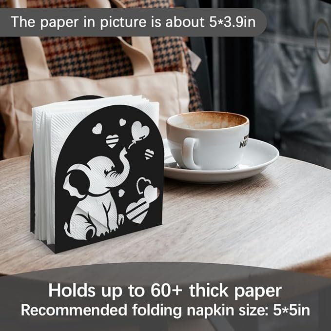 Elephant Decorative Black Metal Napkin Holder for Table, 5.3" x 4.9" x 1.9" Cute Animal Heart Standing Napkin Holder for Home Kitchen Restaurant Picnic Party Coffee Bar Dining Room