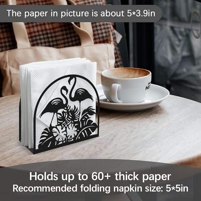 Flamingos Animal Decorative Black Metal Napkin Holder for Table, 5.3" x 4.9" x 1.9" Tropical Leaves Standing Napkin Holder for Home Kitchen Restaurant Picnic Party Coffee Bar Dining Room