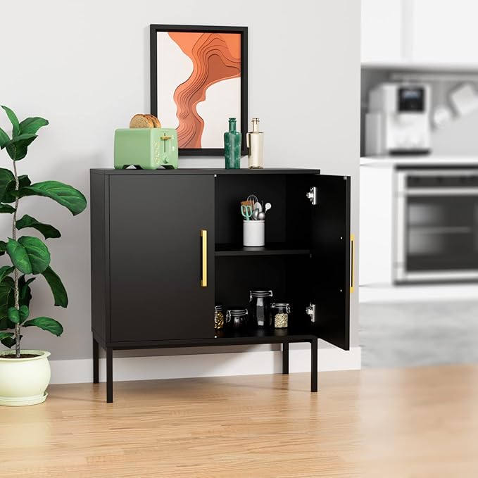 CARPETNAL Set of 2 Accent Storage Cabinet with Doors and Adjustable Shelf, Freestanding Buffet Cabinet, Modern Sideboard Buffet Cabinet for Living Room, Dining Room, Kitchen, Hallway (Black)