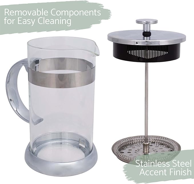 Elanze Designs Stainless Steel 1 Liter Glass French Press Coffee and Loose Leaf Tea Maker
