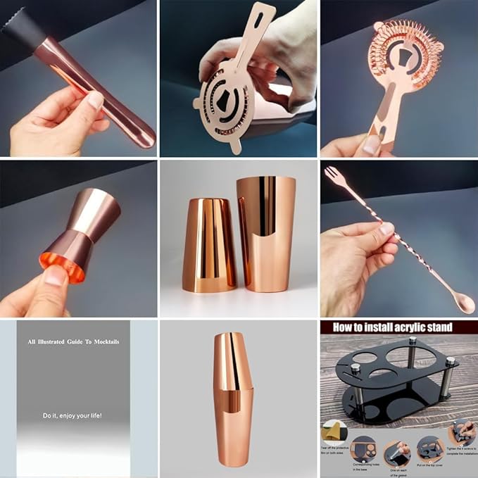 5 Piece Cocktail Shaker Bartender Kit: 750/600ml(25/20oz) Cocktail Shaker Set with Stand, Drink Mixing Includes Martini Shaker,Strainer,Jigger,Bar Mixer Spoon,Muddler Bar Tool Set (Rose Copper)