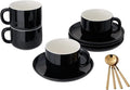 7oz Coffee Cups with Saucers and Gold Spoons - Set of 4 Cappuccino Cup, Black Porcelain Cups Serving for Tea, Latte, Mocha