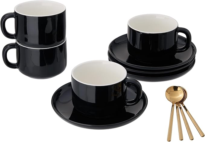 7oz Coffee Cups with Saucers and Gold Spoons - Set of 4 Cappuccino Cup, Black Porcelain Cups Serving for Tea, Latte, Mocha