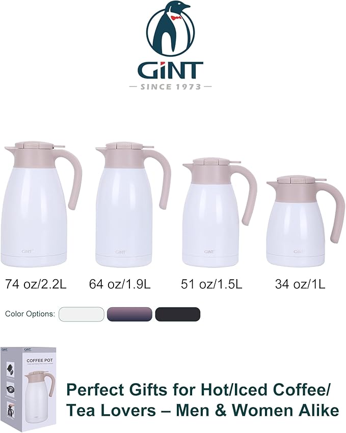 GiNT 1L / 34Oz Thermal Coffee Carafe, Insulated Stainless Steel Coffee Carafes for Keeping Hot/Double Walled Vacuum Thermal Carafe (White)