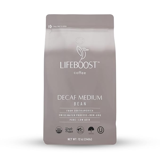 Lifeboost Medium Roast Decaf Coffee Beans – Organic Low Acid Swiss Water Decaf – Whole Bean Coffee – Third Party Tested for Mycotoxins & Pesticides – Chemical Free – 12 oz