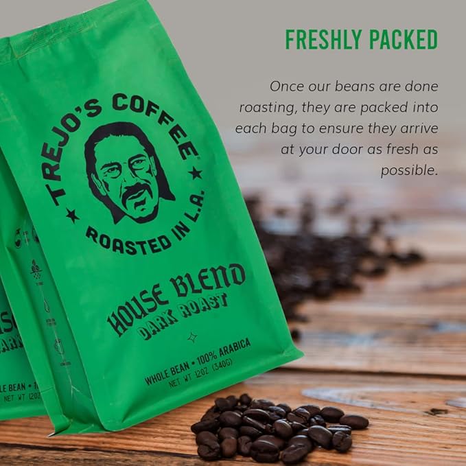 Trejo's Coffee House Blend Dark Roast Whole Bean Coffee, 12 Ounce Bag, 100% Arabica