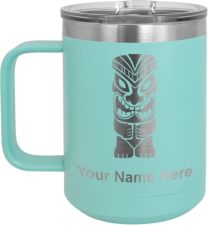 LaserGram 15oz Vacuum Insulated Coffee Mug, Tiki Statue, Personalized Engraving Included (Teal)