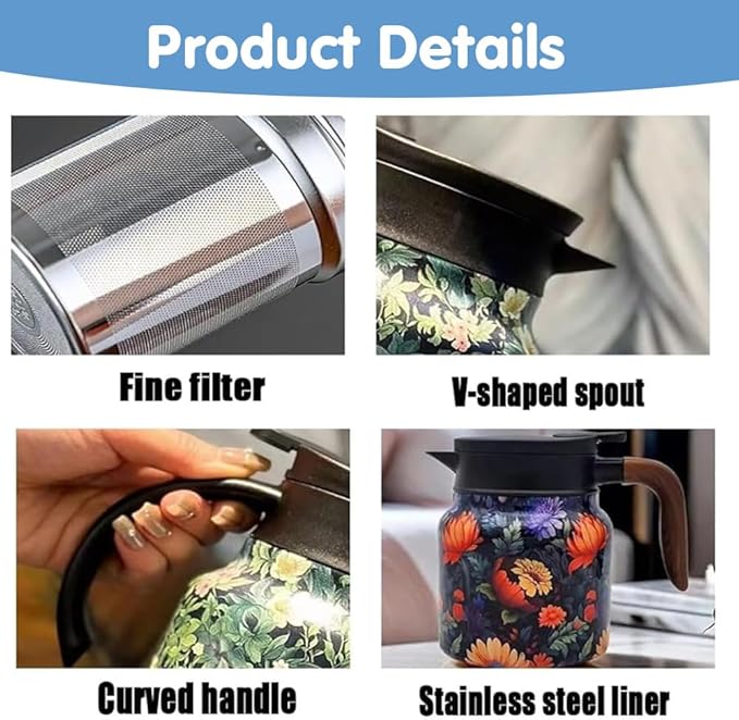 Vintage Floral Pattern Tea Pots – Built-in Infuser,Vintage Floral Teapot with Built In Infuser Stainless Steel Thermal Carafe with Lid for Hot Drinks,Purple(Wooden handle,35oz)