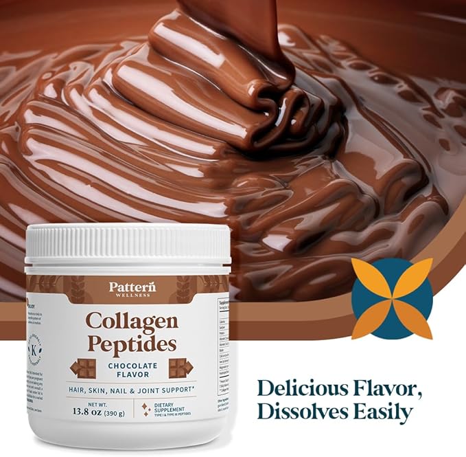 Pattern Wellness Collagen Peptides Powder (Type I & III) - Hair, Nails, Skin & Joint Support - Grass Fed & Pasture-Raised - Hydrolyzed, Non-GMO, Dairy Free, & Keto-Friendly - Chocolate (13 Oz)