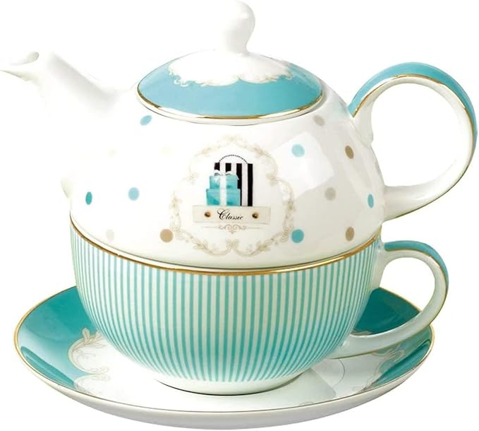Euro Style Teapot Cup& Saucer Set Art Bone China Ceramic Tea Coffee Cup for Breakfast Home Kitchen (Blue Stripe)
