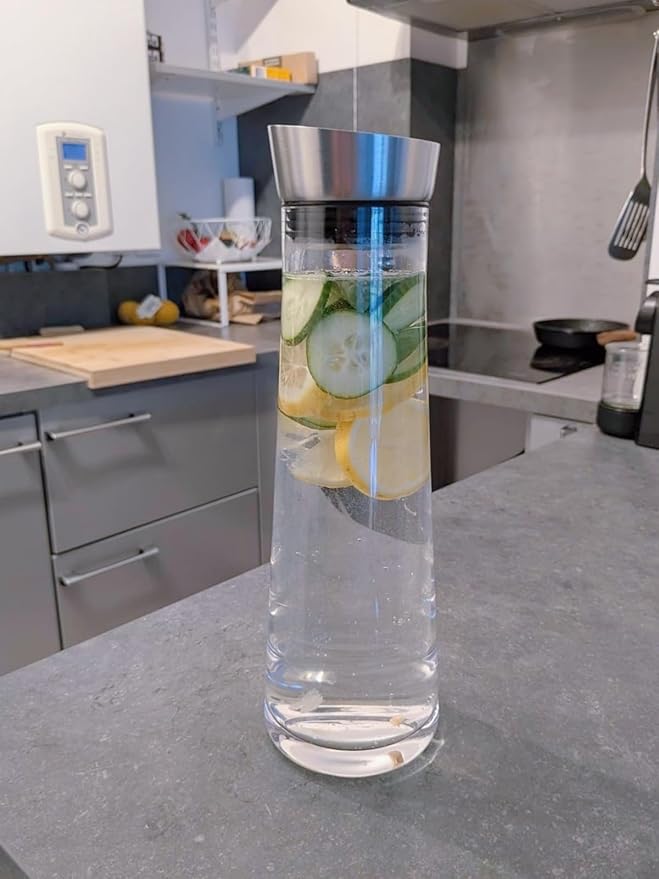 GLASKEY Glass Water Carafe with Lid,1200ml Glass Juice Pitcher with Stainless Steel Gravity Lid,Clear Water Pitcher for Ice Tea, Lemonade, Coffee,Juice Beverage,40 oz