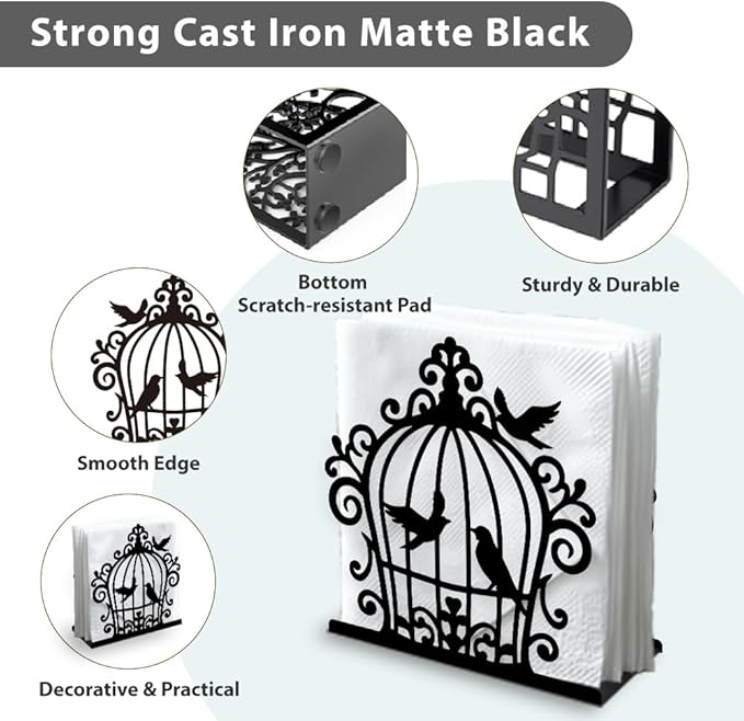Birdcage and Bird Decorative Black Metal Napkin Holder for Table, 4.9" x 5.3" x 1.9" Birdcage and Bird Standing Napkin Holder for Home Kitchen Restaurant Picnic Party Coffee Bar Room