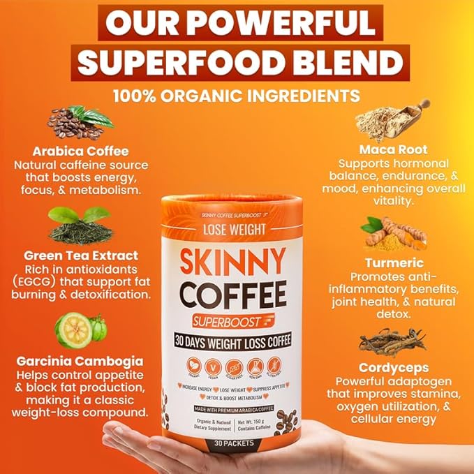 Skinny Coffee Super Boost Weight Loss Coffee, Belly Fat Burner for Women & Men, Sugar-Free Keto Vegan, Reduces Bloating, Supports Energy & Metabolism, Appetite & Cravings Control (30 Servings)