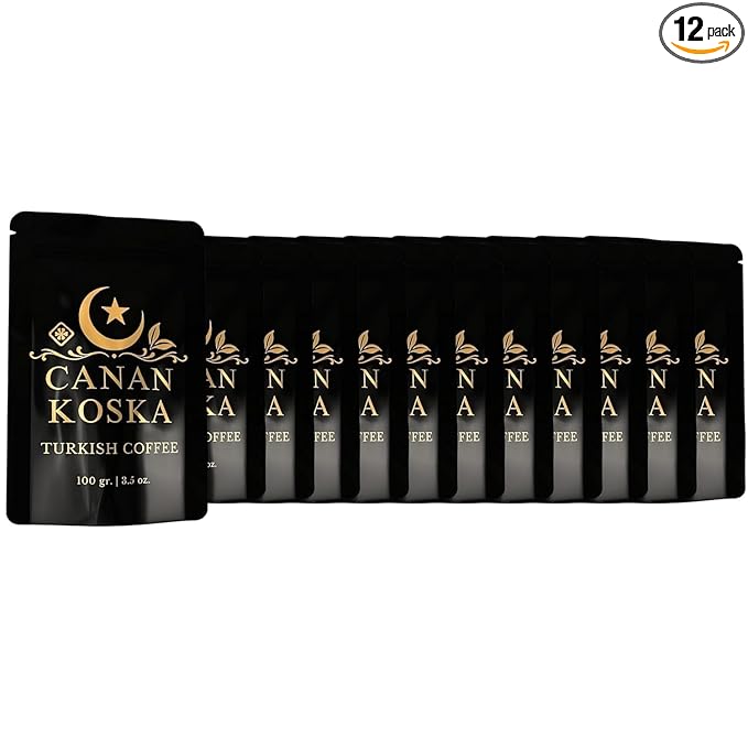 Canan Koska Turkish Coffee Medium Roast Ground Coffee 100% Arabica, Finely Ground for Rich Flavor and Smooth Texture, Ideal for Traditional Brewing in a Cezve - 3.5 Ounce (100g) - Pack Of 12