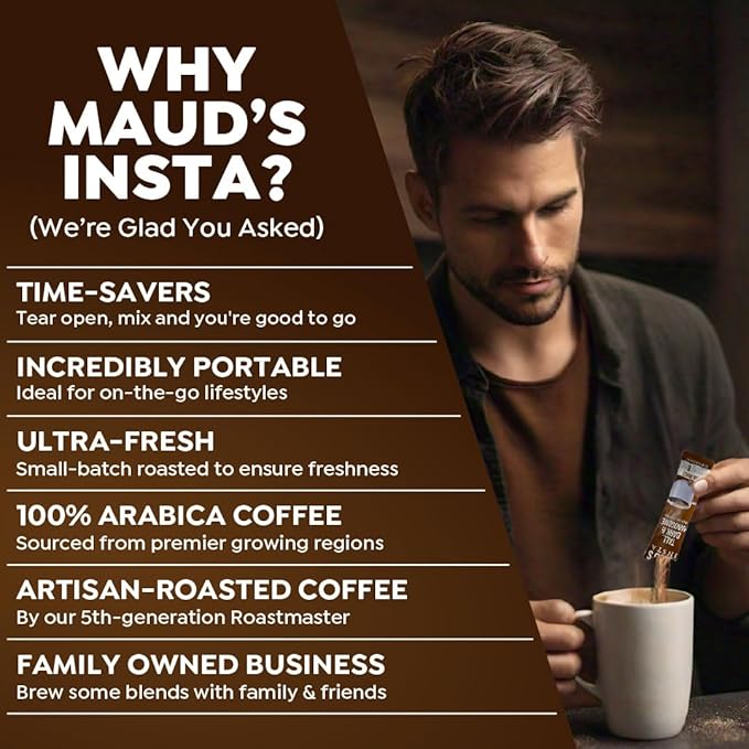 Maud's Dark Roast Instant Coffee, 26 ct, 100% Arabica Coffee, Instant Hot or Iced Coffee - Just add water