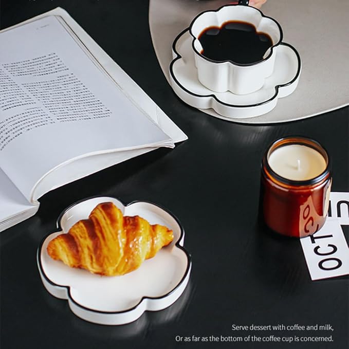 Ceramic Coffee Mug with Saucer Set, Creative Cute Cup with Flower Coaster for Office and Home, 8.4 oz/240 ml for Tea Latte Milk-White