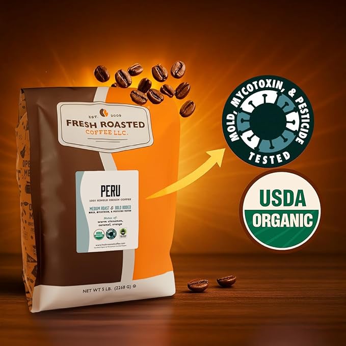 Fresh Roasted Coffee, USDA Organic Peru | 3rd Party Tested for Pesticides, Mold, Mycotoxins, Kosher | 100% Arabica, Specialty Grade, Med Roast 12 oz Ground