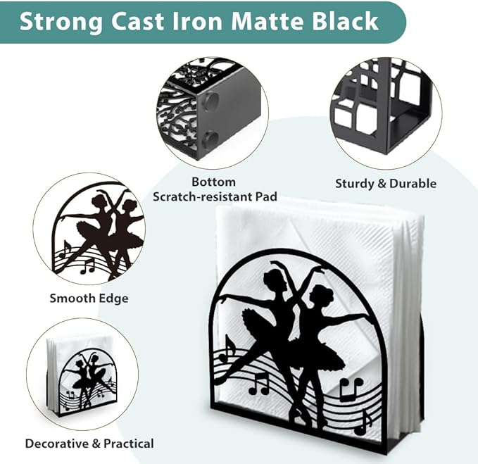 Ballerina Decorative Black Metal Napkin Holder for Table, 5.3" x 4.9" x 1.9" Ballet Dancer Standing Napkin Holder for Home Kitchen Restaurant Picnic Party Coffee Bar Dining Room