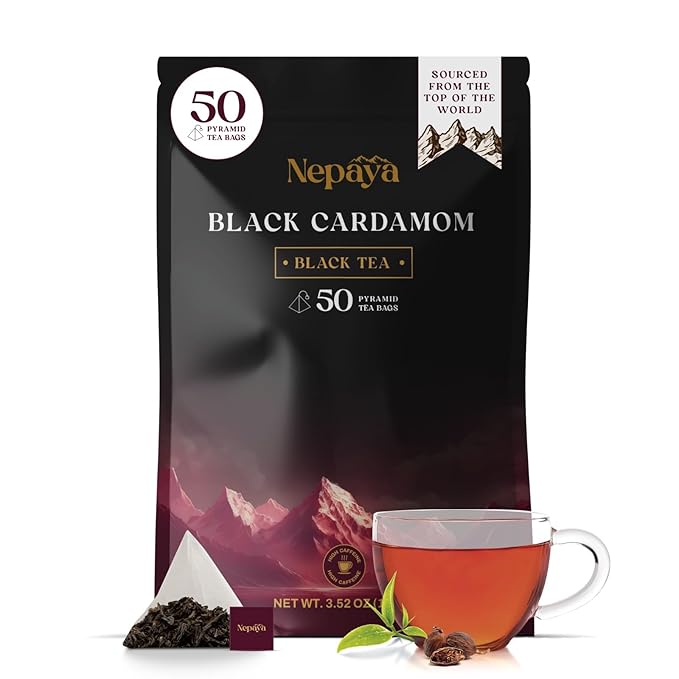Nepaya Black Cardamom Black Tea – 50 Pyramid Tea Bags, Robust & Smoky, High Caffeine, Biodegradable, Himalayan Whole-Leaf, Coffee Replacement