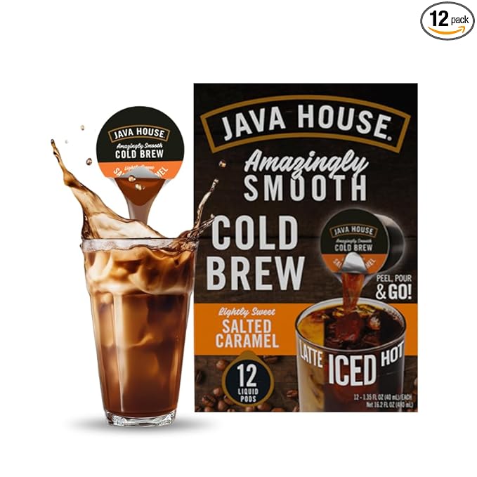 Java House Cold Brew Coffee Concentrate Single Serve Liquid Pods, Peel and Pour, 1 Count (Pack of 12), Salted Caramel Lightly Sweet