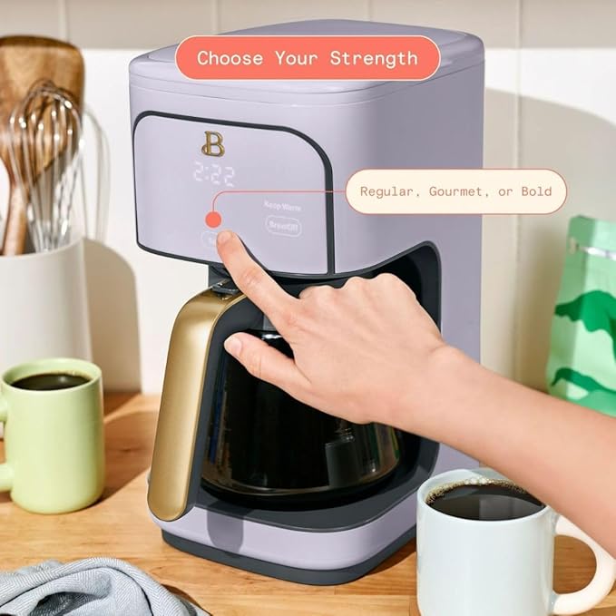 Beautiful 12-Cup Programmable Coffee Maker with Touch Activated Display, Auto Brew Timer, Reusable Filter & Large Glass Carafe (Lavender)