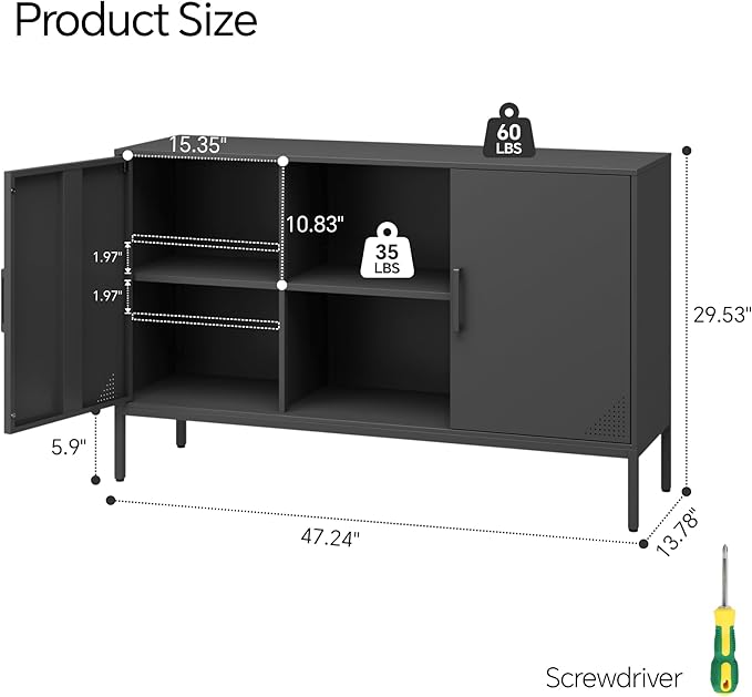 Metal TV Cabinet with Doors and Shelves Modern Metal Storage Cabinet Coffee Bar TV Stand 2 Door Locker for Office Living Room Kitchen (Black, 47.24" D x 13.78" W x 29.53" H)