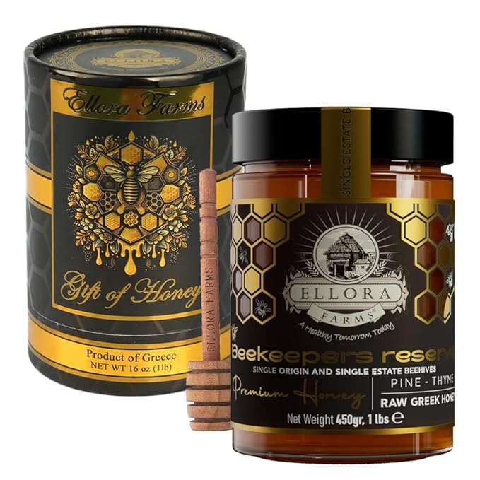 Ellora Farms Greek Honey Single Estate PDO, Pine & Thyme Raw Honey Unfiltered, Beautiful Gift Pack with Dipper, Beekeepers Reserve, Pure Raw & Unfiltered Cold-Pressed, Gluten Free - 450 g