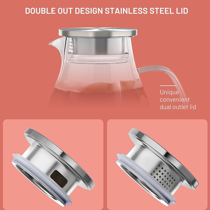 Glass Pitcher With Lid, 51 oz Glass Water Pitcher, 0.4 Gallon glass Pitchers With Handle And Lid For Fridge, Carafe Jug For Hot/Iced Water Milk Juice Coffee Fruit Tea pitcher