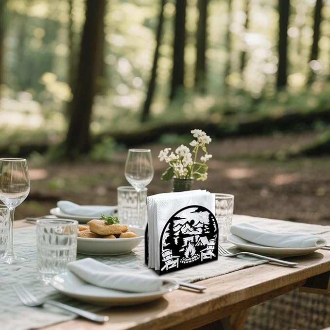 Camping Bonfire Outdoors Decorative Black Metal Napkin Holder for Table, 5.3" x 4.9" x 1.9" Mountain Standing Napkin Holder for Home Kitchen Restaurant Picnic Party Coffee Bar Dining Room