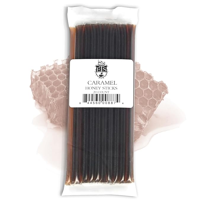 ETS Honey Sticks Caramel Flavor 20 Count – Natural Honey Straws for Tea Coffee Snacks and Baking – Convenient Individual Packets – Sweet Treat for Lunchboxes Travel and Gifting