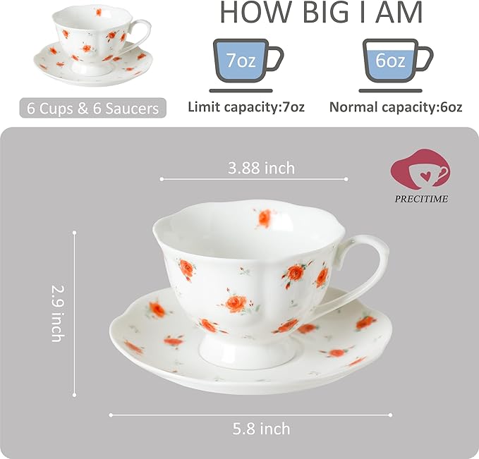 12-Piece Porcelain Tea Cup Set, 6 Cups & 6 Saucers with Classic Rose Pattern, Ceramic 6oz Scalloped Cups, Dishwasher & Microwave Safe