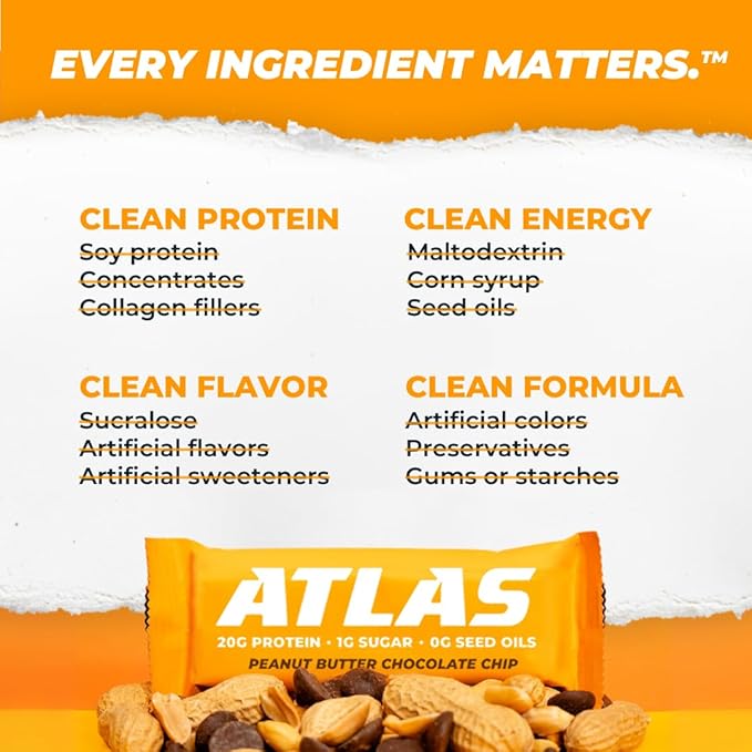 Atlas Bar – 20g Protein, 1g Sugar, 0g Seed Oils, 0g Artificial Sweeteners (12 Count, Peanut Butter Chocolate Chip)