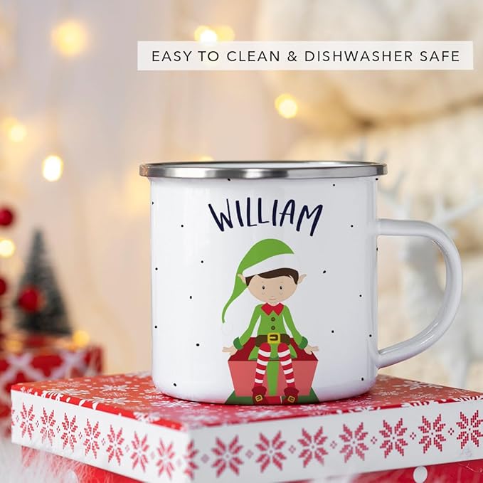 Andaz Press Personalized Name 11oz Kids Christmas Hot Chocolate Stainless Steel Campfire Coffee Mug, Green Boy Xmas Elf Seated, 1-Pack, Custom Birthday Xmas Cup