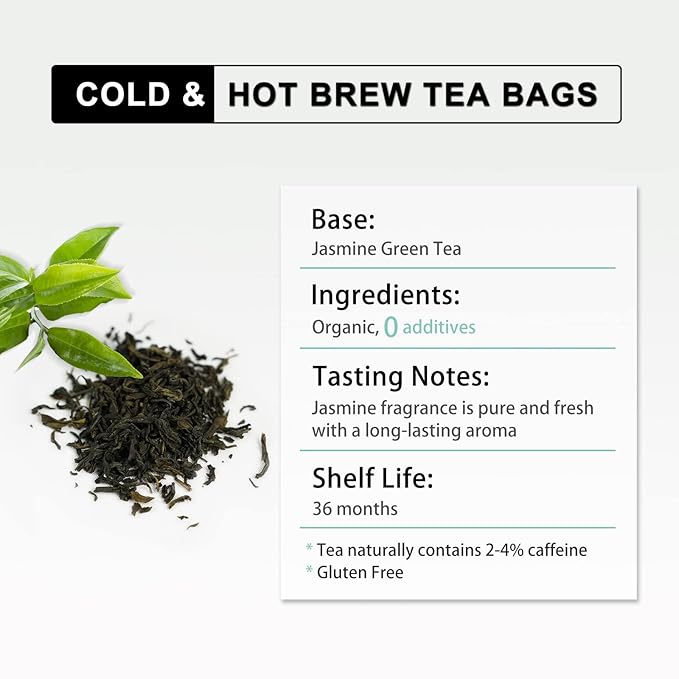 RIANTEA Organic Jasmine Green Tea Bags 100% Natural Whole Leaf Low Caffeine Cold Brew Tea Bag Non-GMO Premium Green Tea Chinese Tea Bags for Gifts Office Reception (36 Counts)