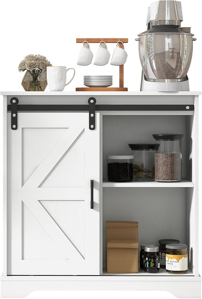 Panana Sliding Barn Door Buffet Sideboard Storage Cabinet Coffee Bar Kitchen Farmhouse Style (White)