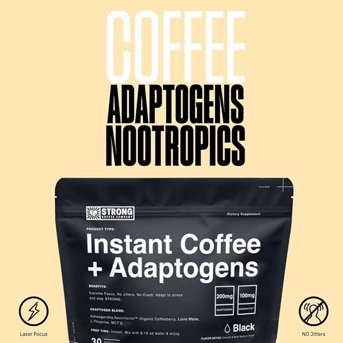 Strong Coffee Co. Instant Black Coffee | Organic Coffee with Nootropics & Adaptogens, NeuroFactor®, L-Theanine, Ashwagandha, Reishi & MCT Oil | No Jitters, No Crash (1, 30 Servings)