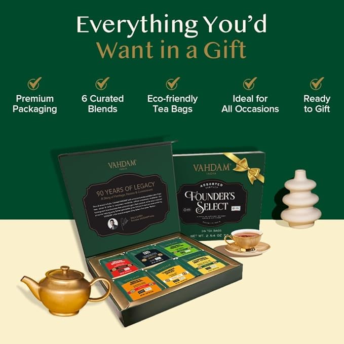 VAHDAM, Founder's Select Assorted Tea Gift Set (6 Variety, 36 Tea Bags) - Premium Gift Box | Individually Wrapped Pyramid Teabags | Christmas Tea Gifts for Women and Men