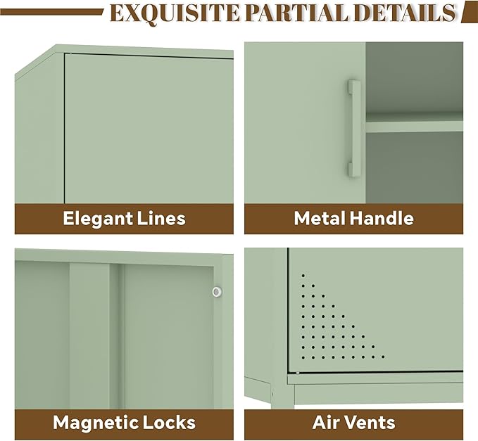 Metal Storage Cabinet,Metal Green TV Stand,Coffee Bar Buffet Cabinet Kitchen Sideboard Storage with Adjustable Shelves for Living Room Bedroom