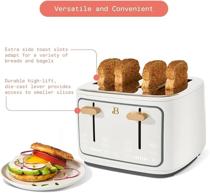 Beautiful 4-Slice Toaster by Drew Barrymore – Touch Display, Extra-Wide Slots, Bagel & Frozen Functions, Stainless Steel (White Icing)
