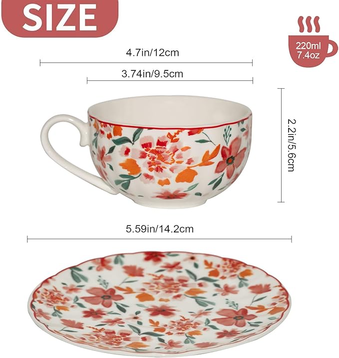 Cups and Saucers Coffee Tea Cups Set of 2 (7.4 oz/ 220ml) Ceramic Cup Espresso Mug Floral Porcelain Vintage Flower Pattern for Gifts, Gatherings, Receptions,Breakfast, Home
