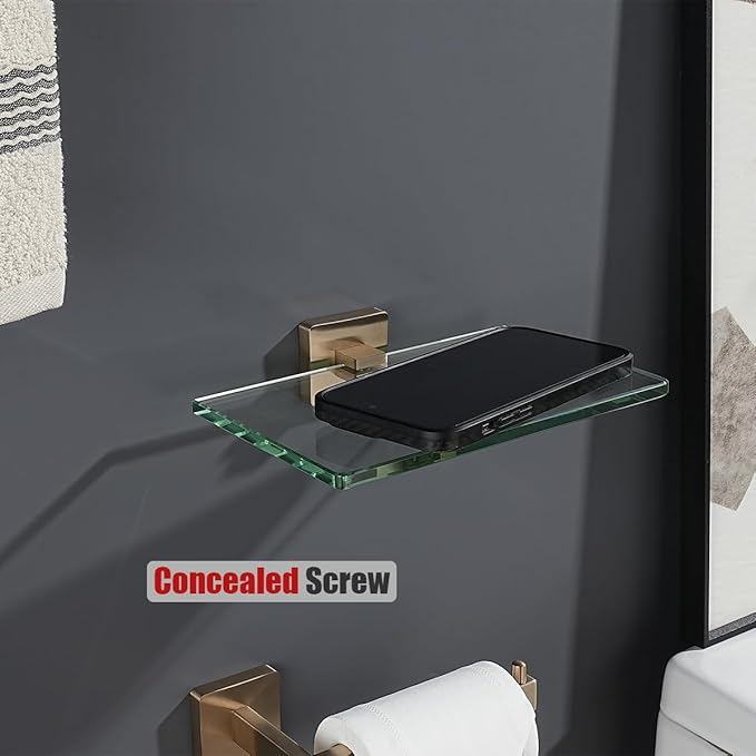 JQK Bathroom Glass Shelf, Tempered Glass Shower Storage 8 by 5 inches, 304 Stainless Steel Champagne Bronze Wall Mount, TGS201L8-CB