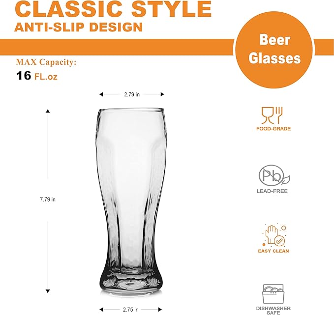 LUXU Beer Glasses, Hexagon Shape Pilsner Glasses set of 2,16oz Crystal Craft Wheat Beer Glasses,Lead-free Weizen vase for Drinking LAGER,Pint glasses for ALE,Premium IPA glasses,Great Gift Idea.