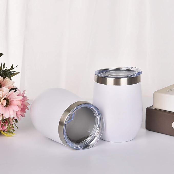 8 Pack 12Oz Stainless Steel Wine Tumblers, Insulated Wine Tumbler, Double Wall Insulated Wine Glass, Stainless Steel Stemless Wine Cups with Lids for Coffee, Wine, Cocktails, Champaign, White