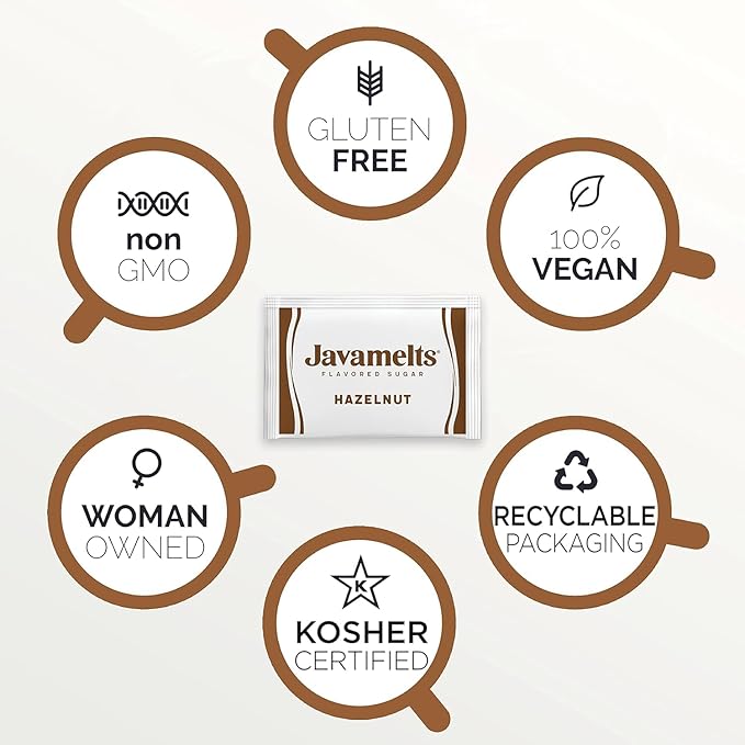 Javamelts Hazelnut Flavored Sugar Packets | Pure Cane Sugar for Baking, Coffee Syrup Substitute, Cocktails, Tea | Non GMO, Non Dairy, Gluten Free, Kosher | 1,000 Bulk Sugar Packets