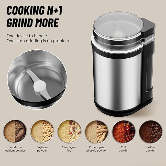 Stainless Steel Coffee Grinder and Spice Grinder with Dual Blades & Heat Dissipation Base, for Uniform Grinding of Large Batches of Beans and Spices