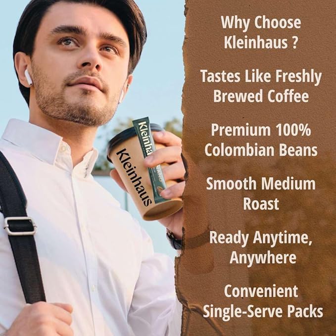 Kleinhaus Organic Medium Roast Nano Single-Serve Instant Coffee + Microground | 100% Colombian Arabica Coffee | Freeze dried | Fresh Brewed Taste | 24 Packets