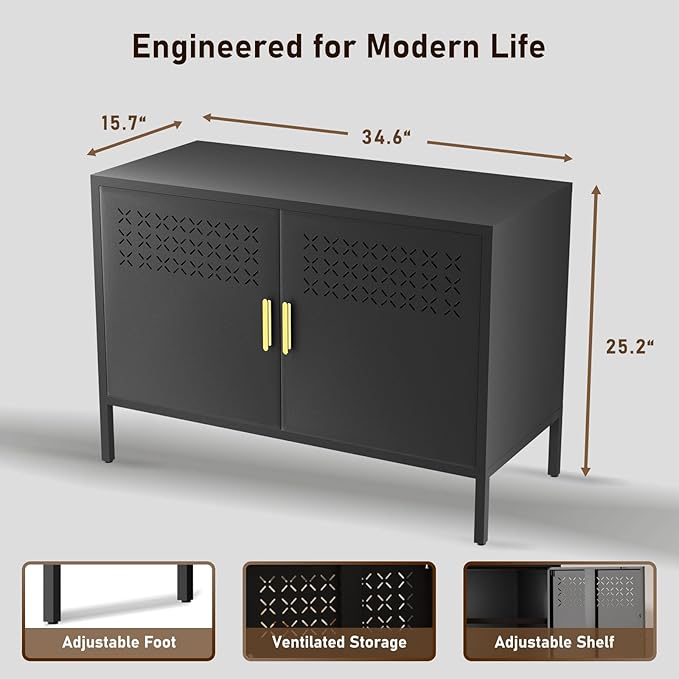 Storage Cabinet, Metal Accent Locker Storage Cabinet with 2 Doors, Magnetic Closure, Adjustable Shelf, Tv Stands & Metal Nightstand for Living Room, Entryway and Home - Black
