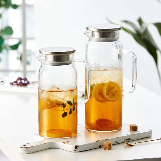 Hwagui - Heat Resistant Glass Pitcher with Stainless Steel Lid, Water Carafe with Handle, Good Beverage Pitcher for Homemade Juice and Iced Tea, 1200ml/41oz